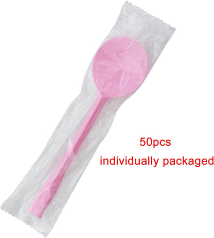50PCS Disposable Pink Plastic Spoons Individually Wrapped Cutlery Party Supplies Scoop for Cake Desserts Ice Cream Fruit Salads