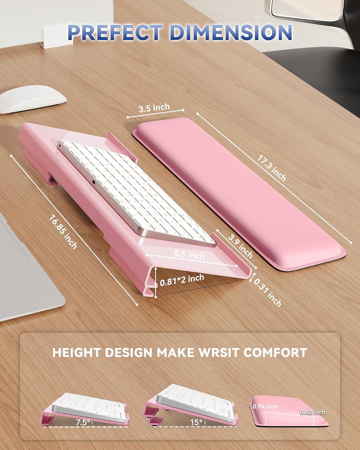 Adjustable Computer Keyboard Stand for Desktop, Keyboard Wrist Rest(Pink)