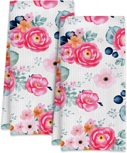 Pink Rose Flower Kitchen Dish Towels,Farmhouse Watercolor Floral Hand Towels 16x24 Inch Decorative Absorbent Dish Cloth for Cooking Baking Cleaning Bathroom Decor Set of 2