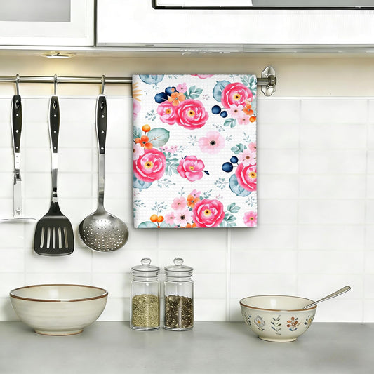 Pink Rose Flower Kitchen Dish Towels,Farmhouse Watercolor Floral Hand Towels 16x24 Inch Decorative Absorbent Dish Cloth for Cooking Baking Cleaning Bathroom Decor Set of 2