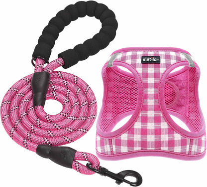 Dog Harness Step-in Breathable Puppy Cat Vest, Medium, Pink Check
