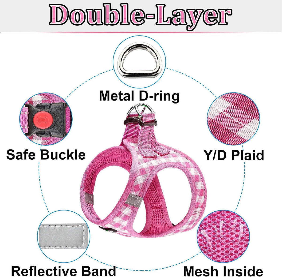 Dog Harness Step-in Breathable Puppy Cat Vest, Medium, Pink Check