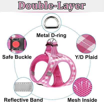 Dog Harness Step-in Breathable Puppy Cat Vest, Medium, Pink Check