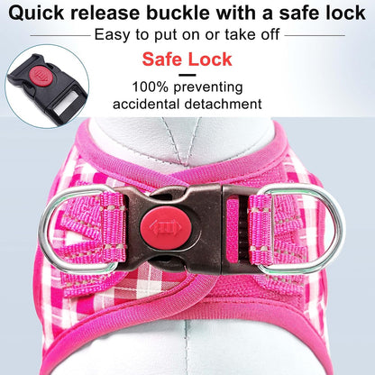 Dog Harness Step-in Breathable Puppy Cat Vest, Medium, Pink Check