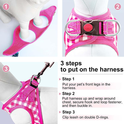 Dog Harness Step-in Breathable Puppy Cat Vest, Medium, Pink Check