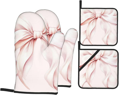 Light Pink Bow Oven Mitts and Pot Holders 4 Pcs Set Heat Resistant Thicken Long Kitchen Gloves for Cooking Baking Grilling