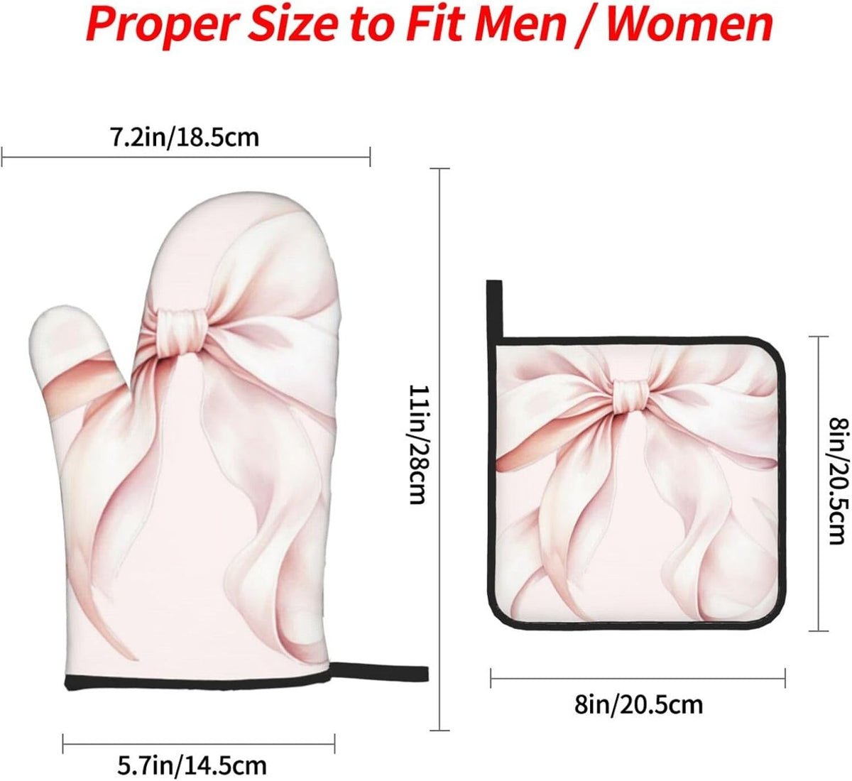 Light Pink Bow Oven Mitts and Pot Holders 4 Pcs Set Heat Resistant Thicken Long Kitchen Gloves for Cooking Baking Grilling
