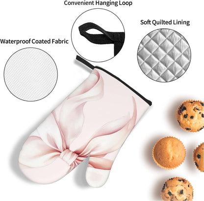 Light Pink Bow Oven Mitts and Pot Holders 4 Pcs Set Heat Resistant Thicken Long Kitchen Gloves for Cooking Baking Grilling