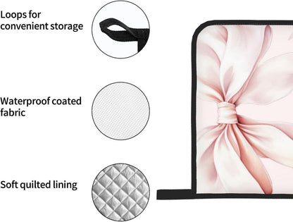 Light Pink Bow Oven Mitts and Pot Holders 4 Pcs Set Heat Resistant Thicken Long Kitchen Gloves for Cooking Baking Grilling