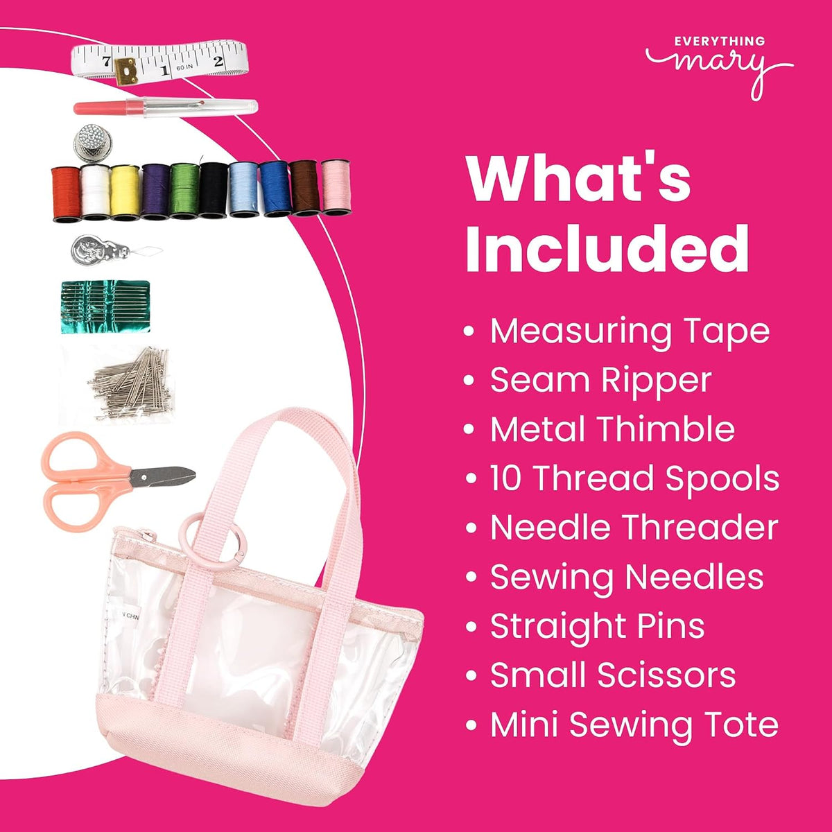 Travel Sewing Kit Organizer – Pink & Clear Mini Sewing Supplies Case for Adults & Kids – Compact Sewing Box with Clear PVC Body for On-the-Go Repairs
