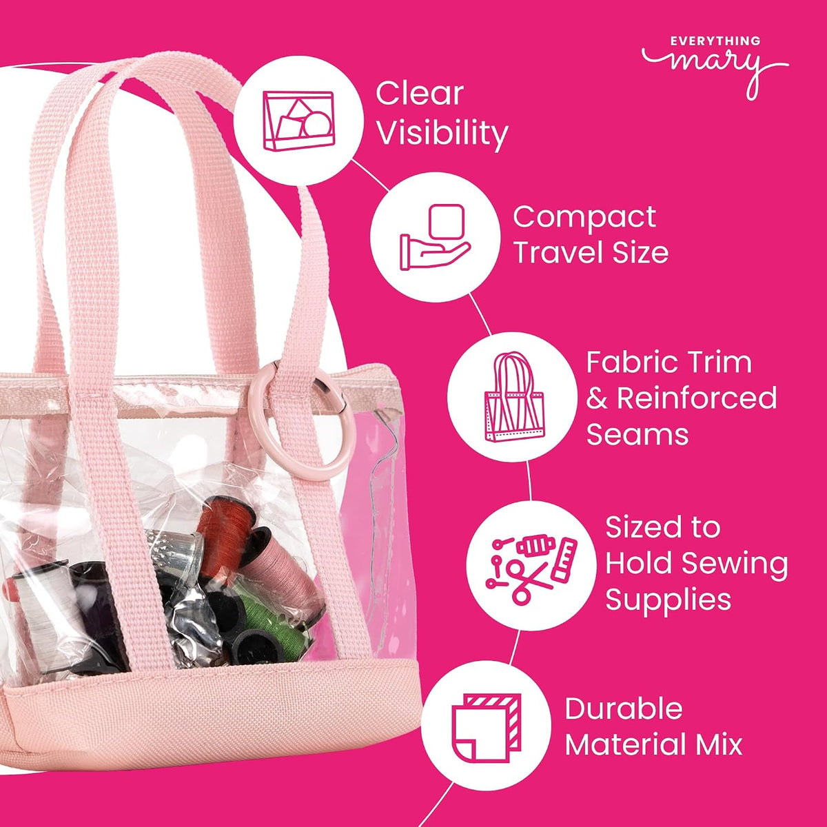 Travel Sewing Kit Organizer – Pink & Clear Mini Sewing Supplies Case for Adults & Kids – Compact Sewing Box with Clear PVC Body for On-the-Go Repairs