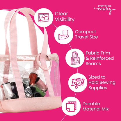 Travel Sewing Kit Organizer – Pink & Clear Mini Sewing Supplies Case for Adults & Kids – Compact Sewing Box with Clear PVC Body for On-the-Go Repairs
