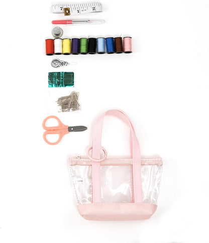 Travel Sewing Kit Organizer – Pink & Clear Mini Sewing Supplies Case for Adults & Kids – Compact Sewing Box with Clear PVC Body for On-the-Go Repairs