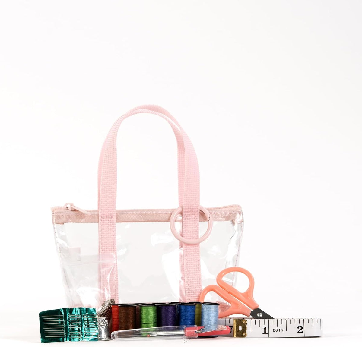 Travel Sewing Kit Organizer – Pink & Clear Mini Sewing Supplies Case for Adults & Kids – Compact Sewing Box with Clear PVC Body for On-the-Go Repairs