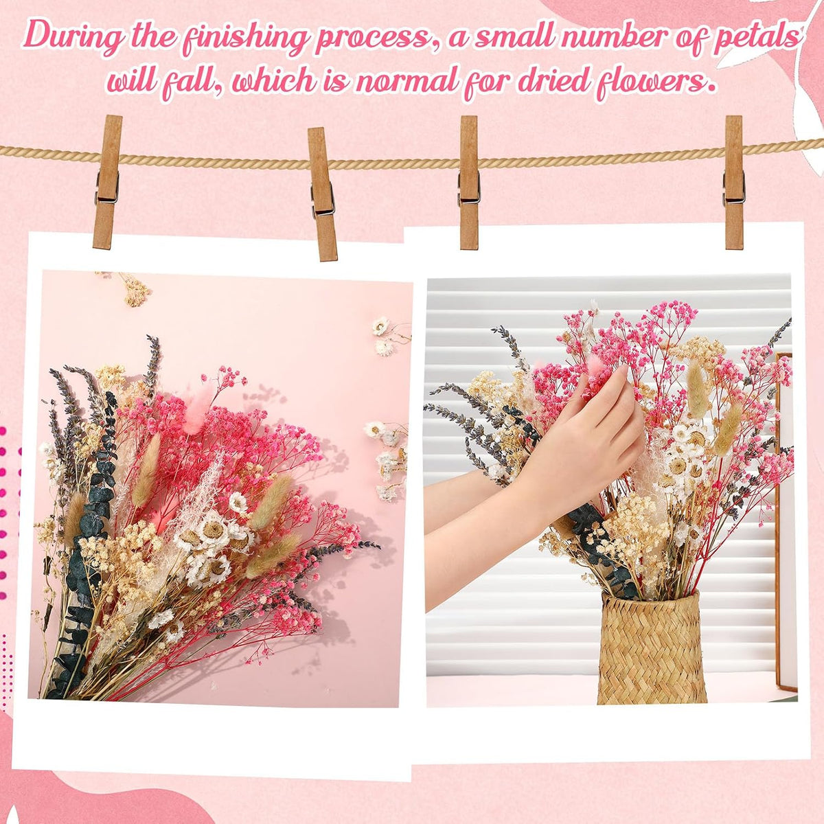 Pink White Dried Flowers Bouquet Set Rustic Boho Flowers