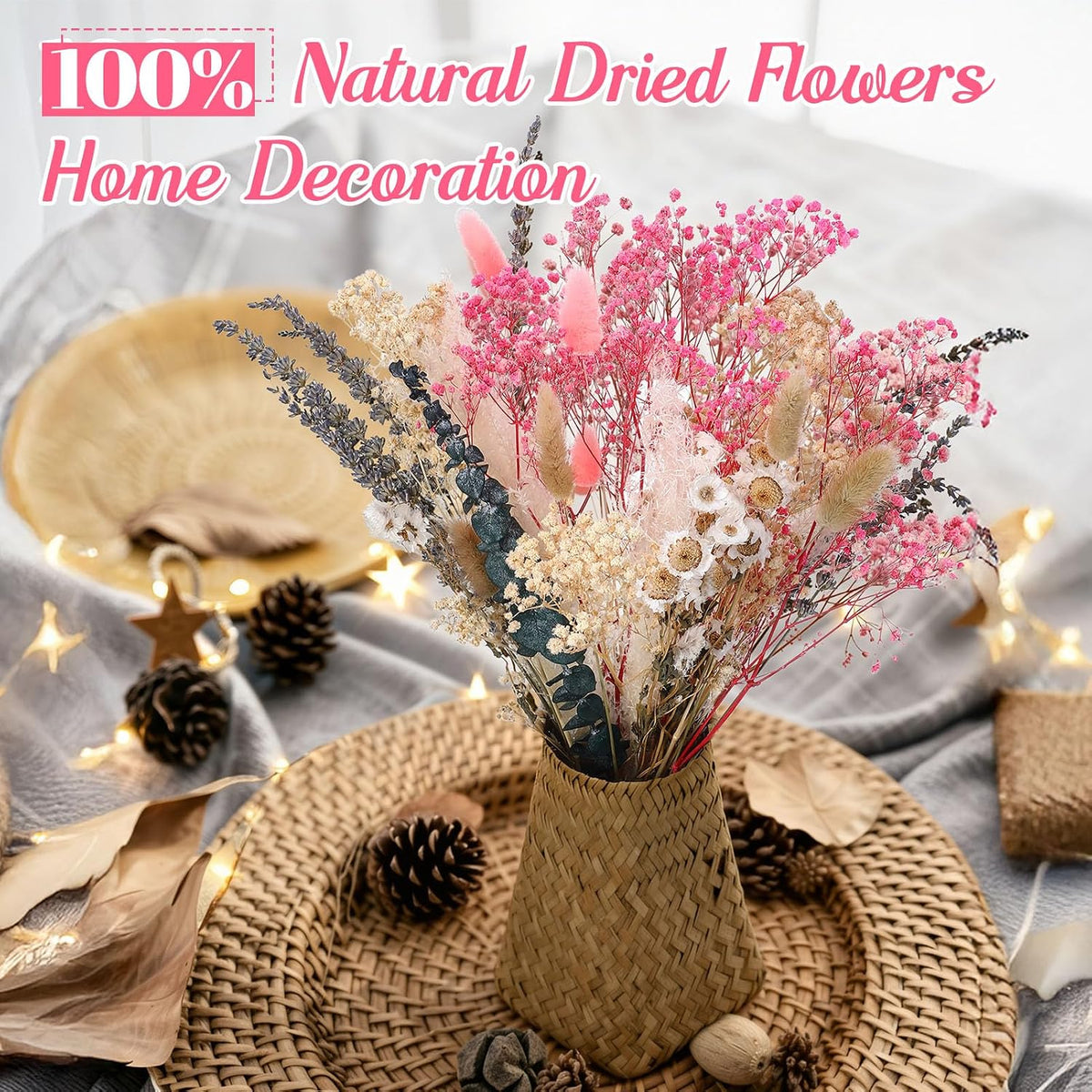 Pink White Dried Flowers Bouquet Set Rustic Boho Flowers