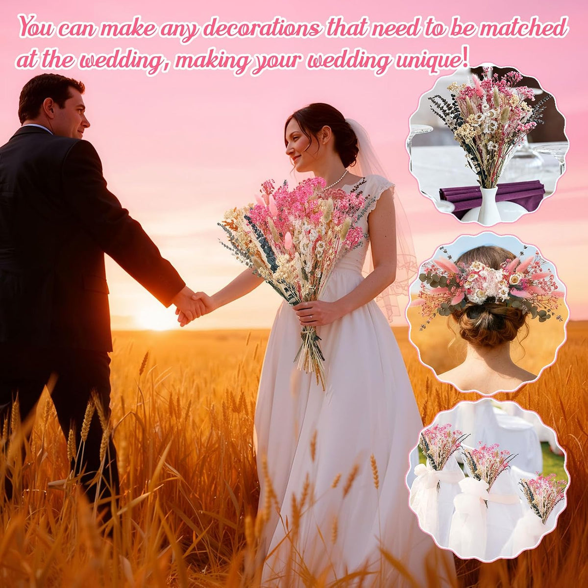 Pink White Dried Flowers Bouquet Set Rustic Boho Flowers