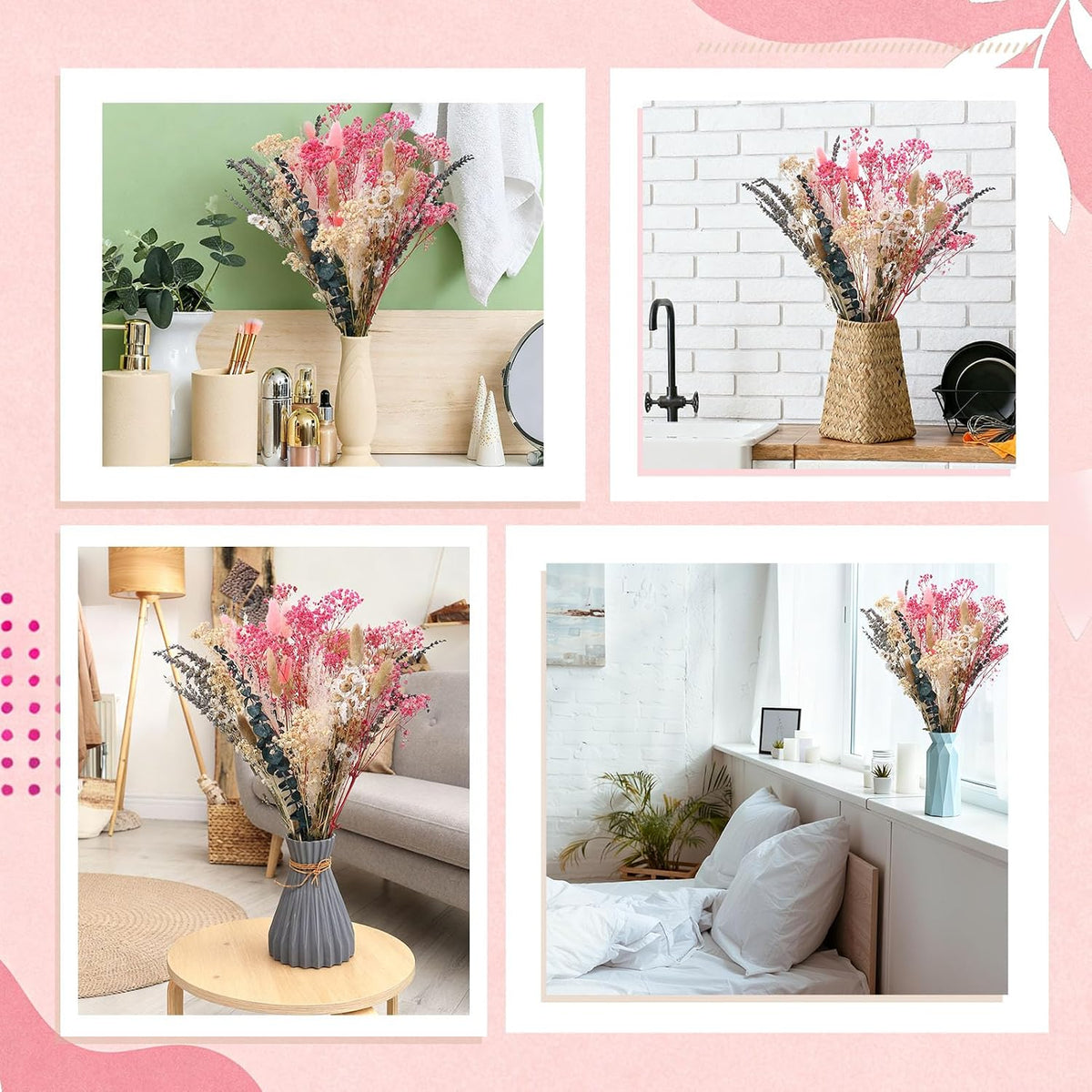 Pink White Dried Flowers Bouquet Set Rustic Boho Flowers