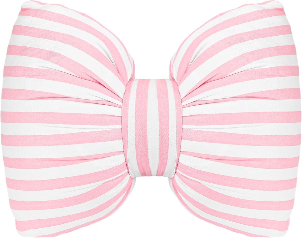 Little Pink Bow Pillows Car Decorative 10x9.5 inch, Stripes Shaped Headrest Pillow for Car Cotton Handmade Cushion Striped Case Washable Coquette for Sofa Office Neck Lumbar Aesthetic Room Home Decor
