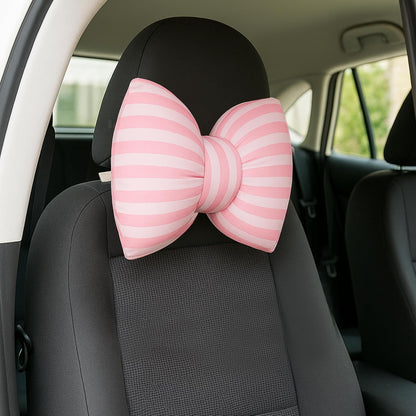 Little Pink Bow Pillows Car Decorative 10x9.5 inch, Stripes Shaped Headrest Pillow for Car Cotton Handmade Cushion Striped Case Washable Coquette for Sofa Office Neck Lumbar Aesthetic Room Home Decor