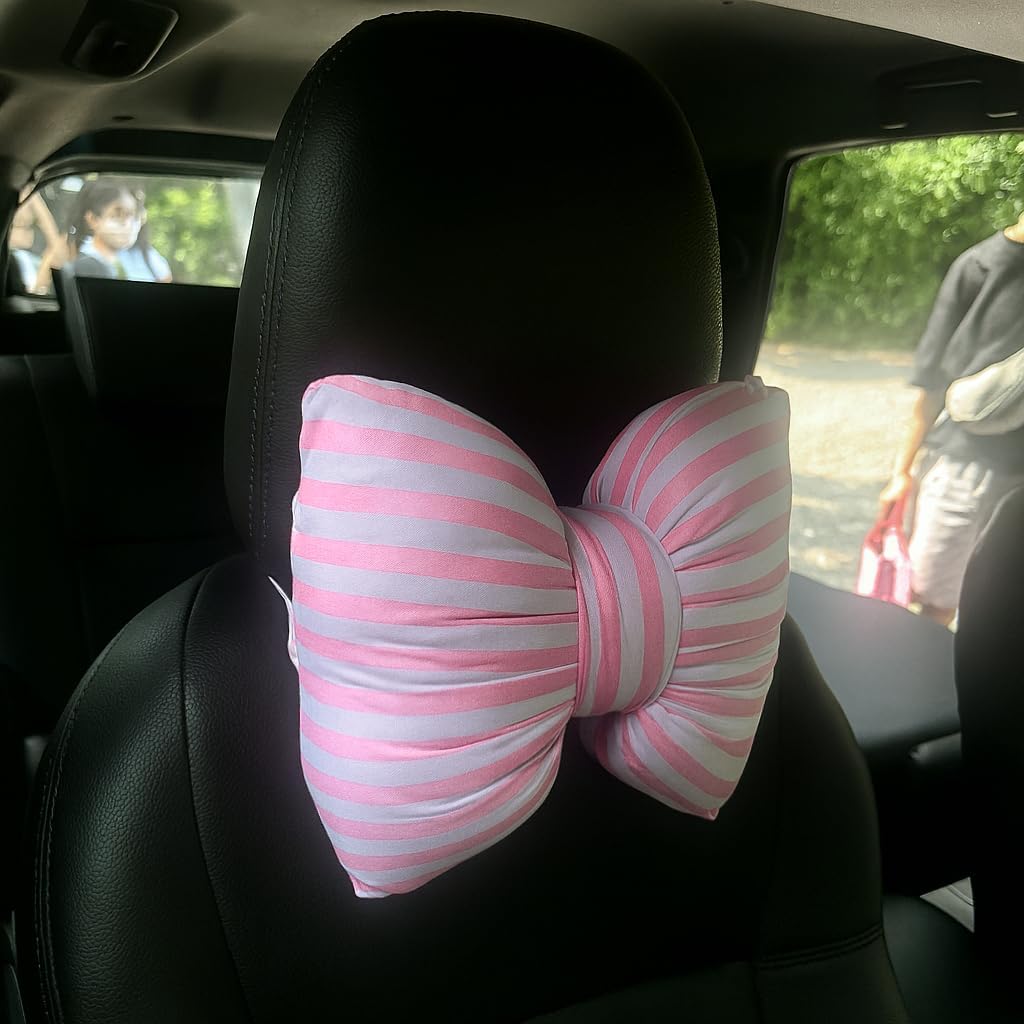Little Pink Bow Pillows Car Decorative 10x9.5 inch, Stripes Shaped Headrest Pillow for Car Cotton Handmade Cushion Striped Case Washable Coquette for Sofa Office Neck Lumbar Aesthetic Room Home Decor