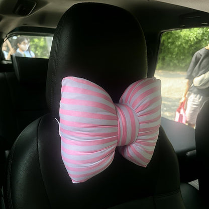 Little Pink Bow Pillows Car Decorative 10x9.5 inch, Stripes Shaped Headrest Pillow for Car Cotton Handmade Cushion Striped Case Washable Coquette for Sofa Office Neck Lumbar Aesthetic Room Home Decor