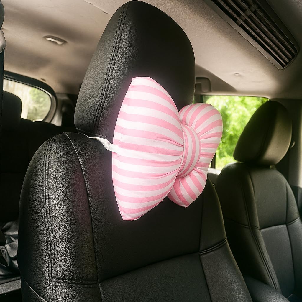 Little Pink Bow Pillows Car Decorative 10x9.5 inch, Stripes Shaped Headrest Pillow for Car Cotton Handmade Cushion Striped Case Washable Coquette for Sofa Office Neck Lumbar Aesthetic Room Home Decor