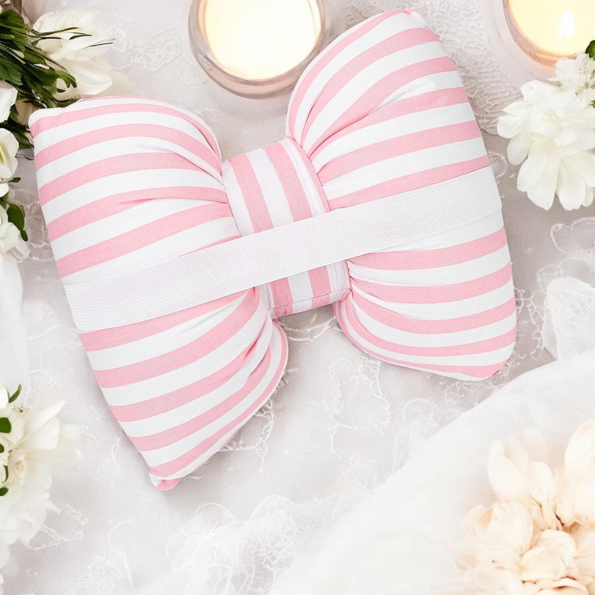 Little Pink Bow Pillows Car Decorative 10x9.5 inch, Stripes Shaped Headrest Pillow for Car Cotton Handmade Cushion Striped Case Washable Coquette for Sofa Office Neck Lumbar Aesthetic Room Home Decor