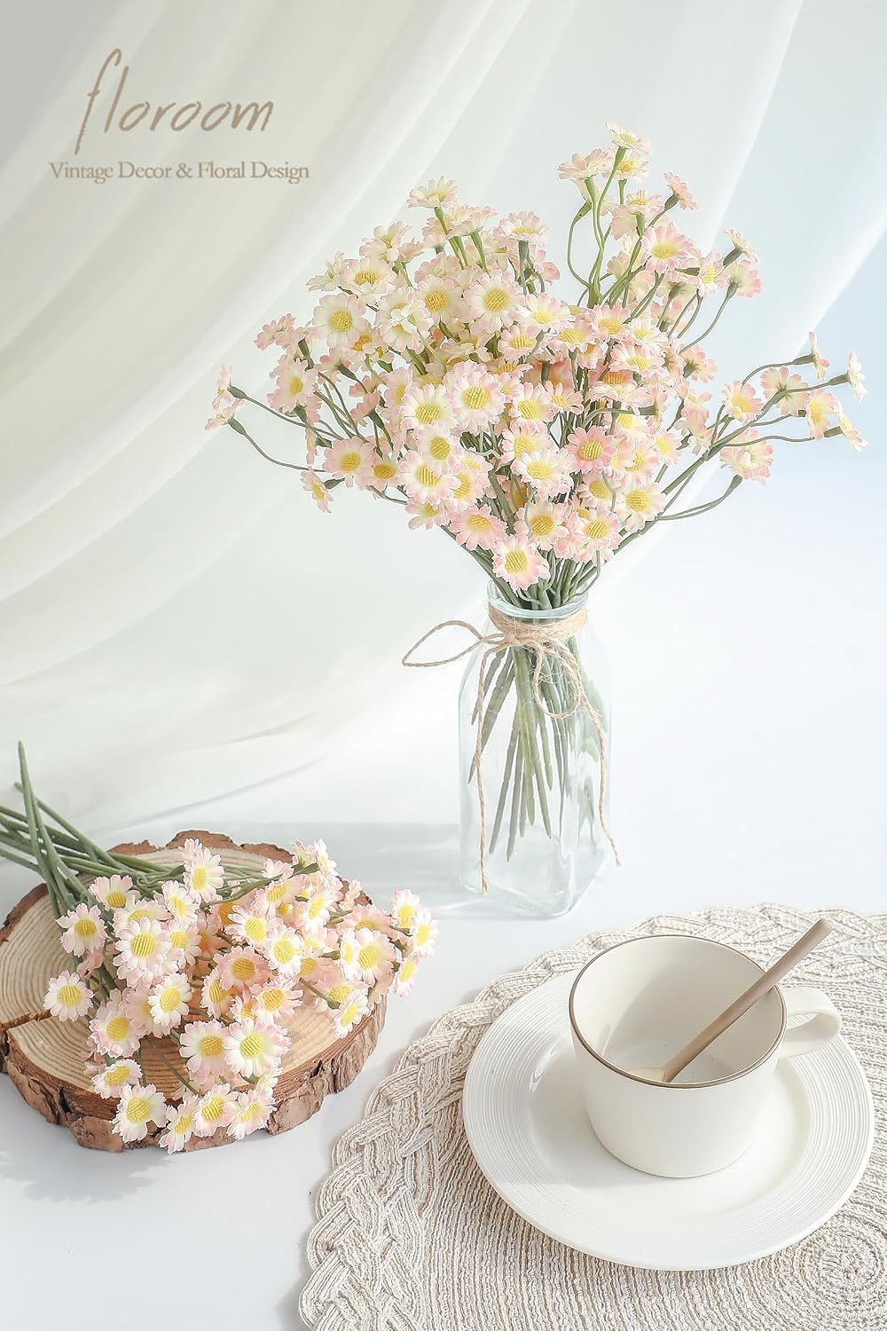 24pcs Blush Small Artificial Flowers Faux Silk Daisies Fake Wildflowers with Stems for DIY Pink Wedding Bouquets Floral Arrangements Party Decor Centerpieces Decorations (Vase Not Included)