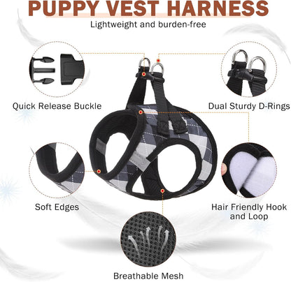 SCENEREAL Small Dog Harness and Leash Collar Set, Step in No Pull Soft Mesh Dog Harnesses for Small Medium Sized Dogs Puppy and Cats Outdoor Walking, No Chock Reflective Vest Harness, Black Plaid S