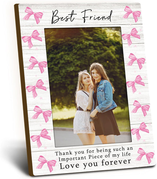 Best Friend Picture Frame - Friends Besties BFF Wooden Picture Frame, Friendship Gifts for Women, Pink Preppy Coquette Bow Love You Forever Decorative Photo Frames for Table Desk Decor, 4x6