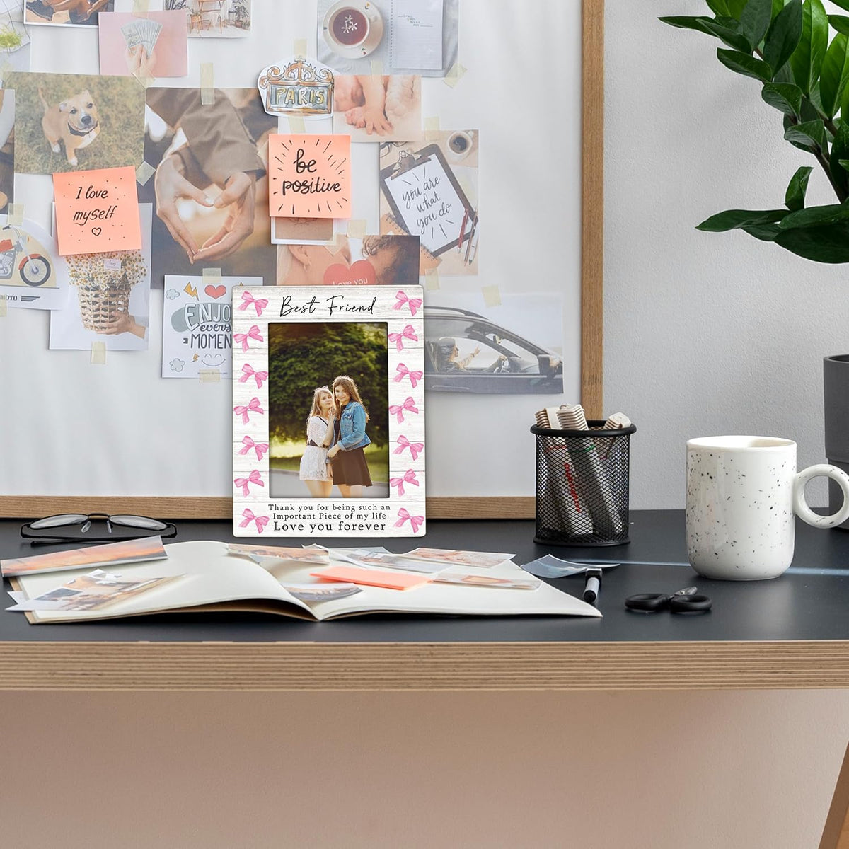 Best Friend Picture Frame - Friends Besties BFF Wooden Picture Frame, Friendship Gifts for Women, Pink Preppy Coquette Bow Love You Forever Decorative Photo Frames for Table Desk Decor, 4x6