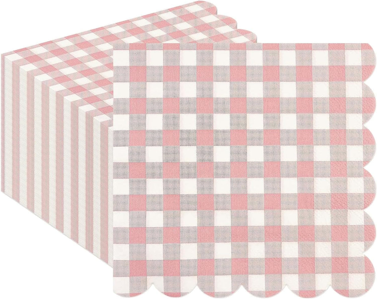 50PCS Pink Scalloped Gingham Paper Napkins