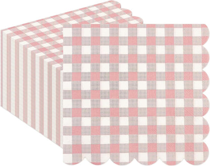 50PCS Pink Scalloped Gingham Paper Napkins