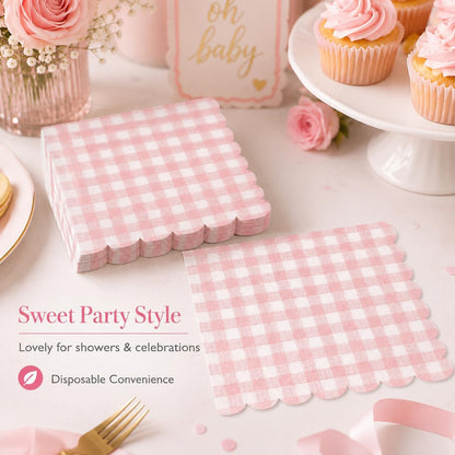 50PCS Pink Scalloped Gingham Paper Napkins