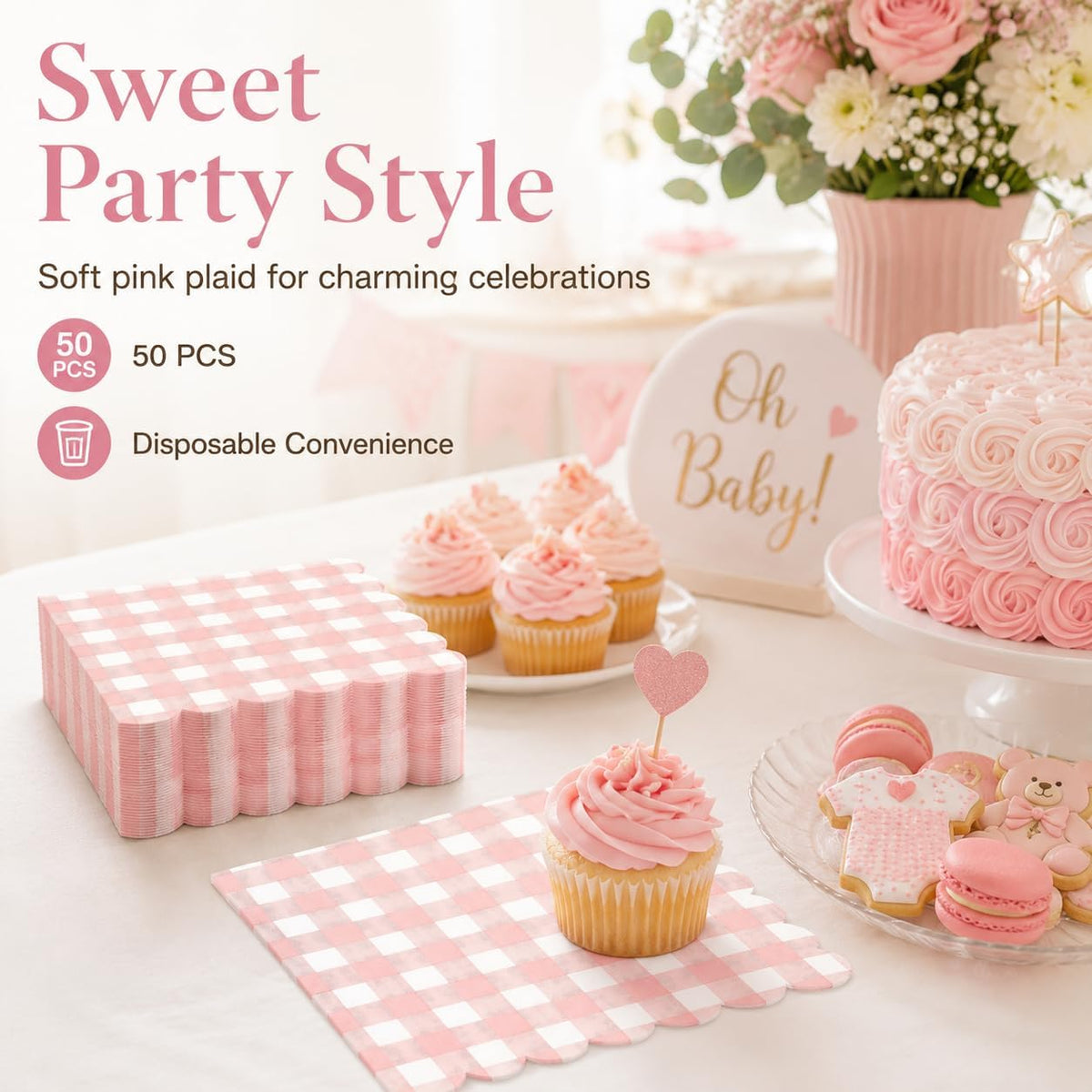 50PCS Pink Scalloped Gingham Paper Napkins