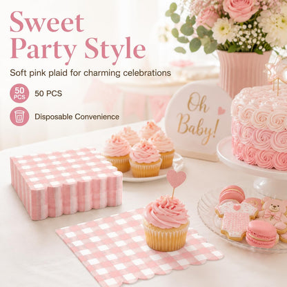 50PCS Pink Scalloped Gingham Paper Napkins