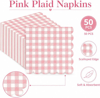 50PCS Pink Scalloped Gingham Paper Napkins