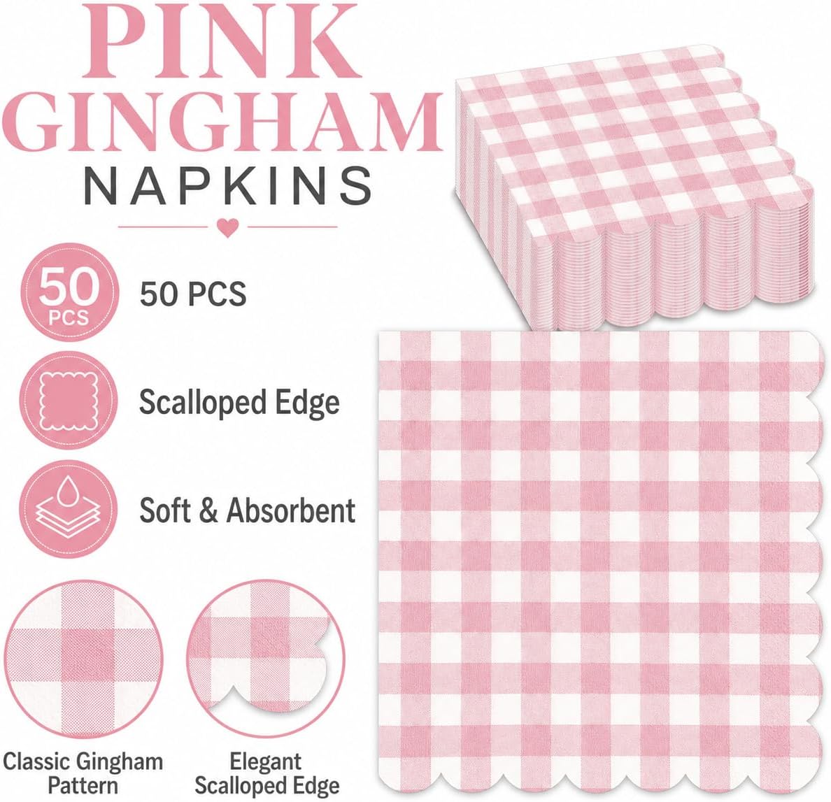 50PCS Pink Scalloped Gingham Paper Napkins