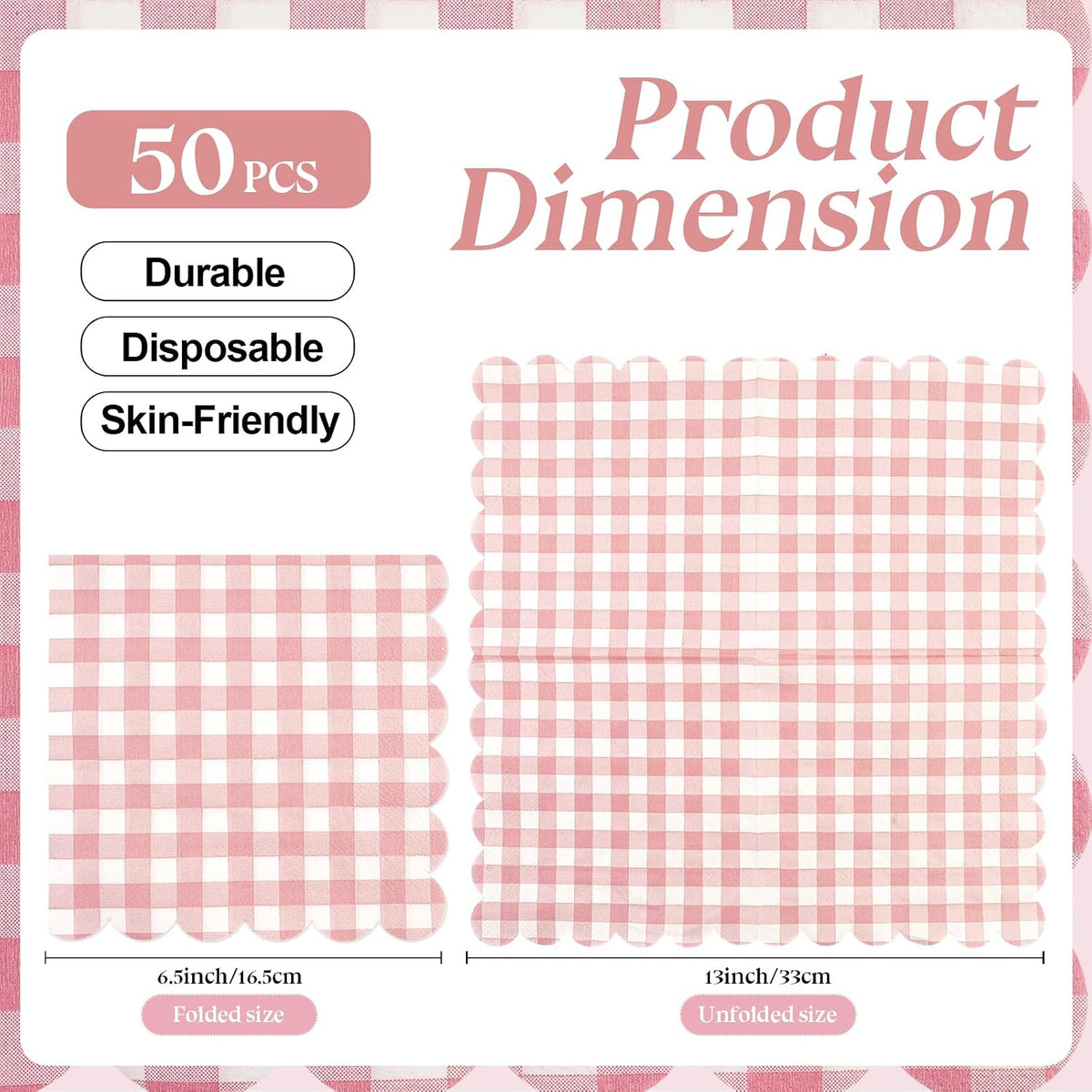 50PCS Pink Scalloped Gingham Paper Napkins