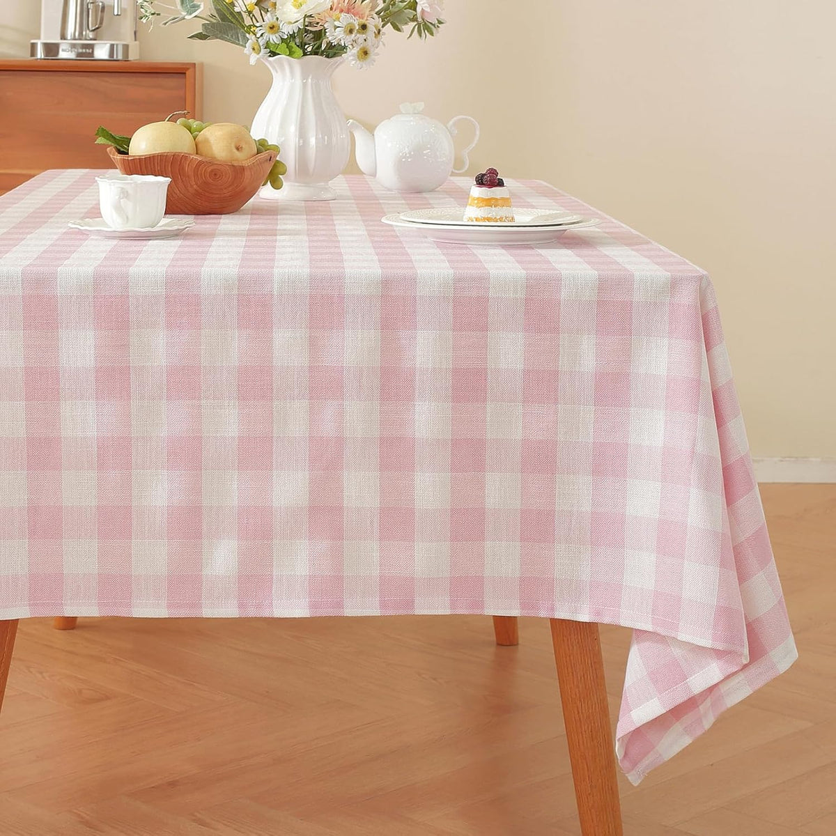 Pink Gingham Tablecloth Rectangle Checkered Table Cloth Cotton Linen Fabric Wrinkle Free Washable Buffalo Plaid Table Cover for Kitchen Dining Picnic Camping, 60 * 75 inch