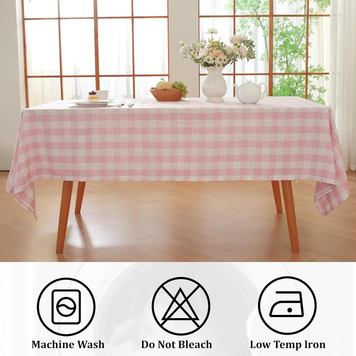 Pink Gingham Tablecloth Rectangle Checkered Table Cloth Cotton Linen Fabric Wrinkle Free Washable Buffalo Plaid Table Cover for Kitchen Dining Picnic Camping, 60 * 75 inch