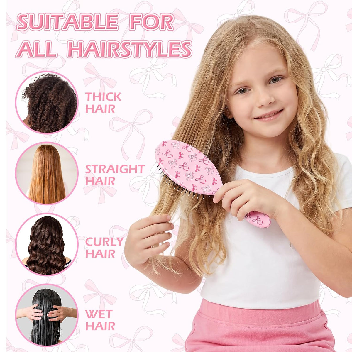 Girls Hair Brush for Women, Hair Brushes Girls Brush Pink Bow Detangling Brush for Curly Hair Pain-Free Girl Hairbrush Kids