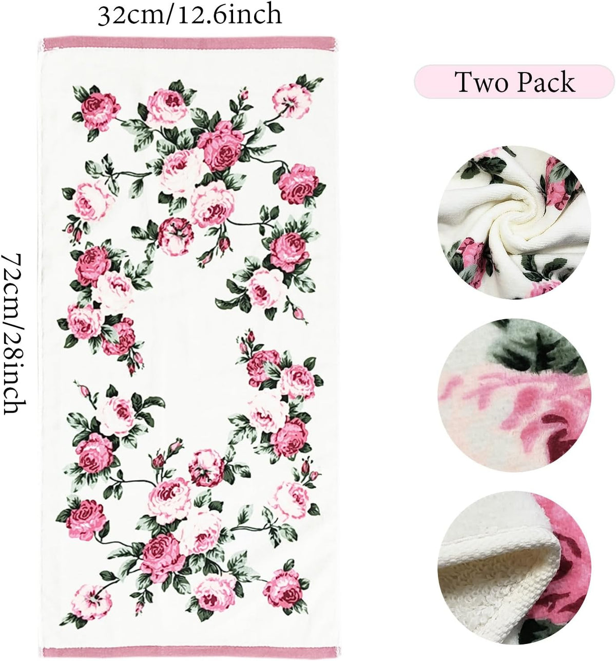 2-Piece Pink Peony Floral Pattern Hand Towels Pastoral Style Farmhouse Decorative Flower Bathroom Towels Soft Absorbent Beautiful Washcloth for Shower Kitchen Spa Beach, 13x28 Inch
