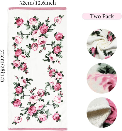 2-Piece Pink Peony Floral Pattern Hand Towels Pastoral Style Farmhouse Decorative Flower Bathroom Towels Soft Absorbent Beautiful Washcloth for Shower Kitchen Spa Beach, 13x28 Inch