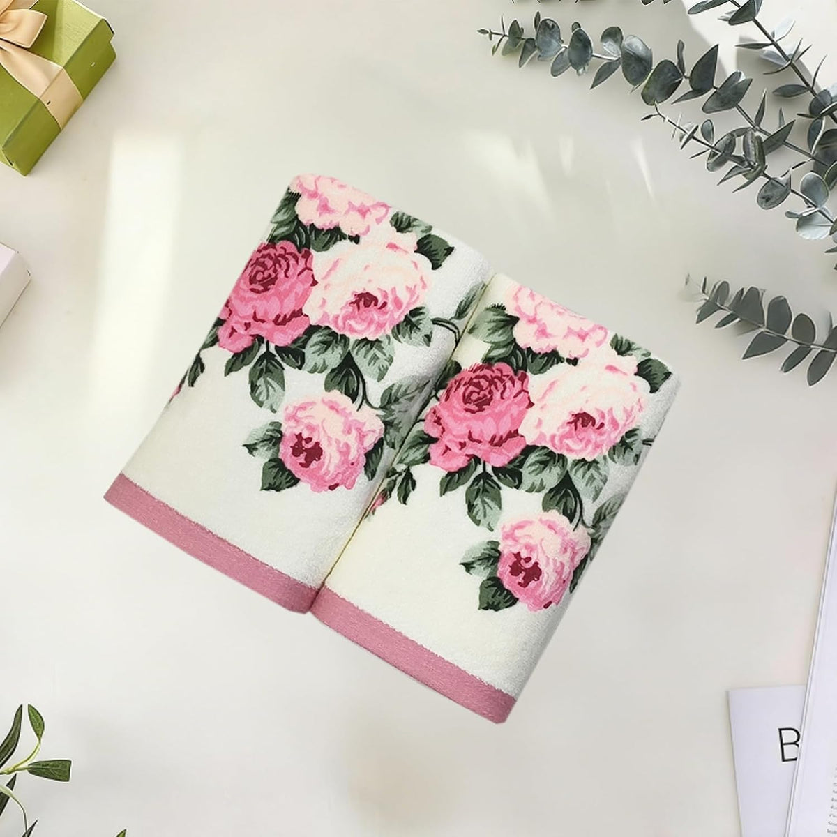 2-Piece Pink Peony Floral Pattern Hand Towels Pastoral Style Farmhouse Decorative Flower Bathroom Towels Soft Absorbent Beautiful Washcloth for Shower Kitchen Spa Beach, 13x28 Inch