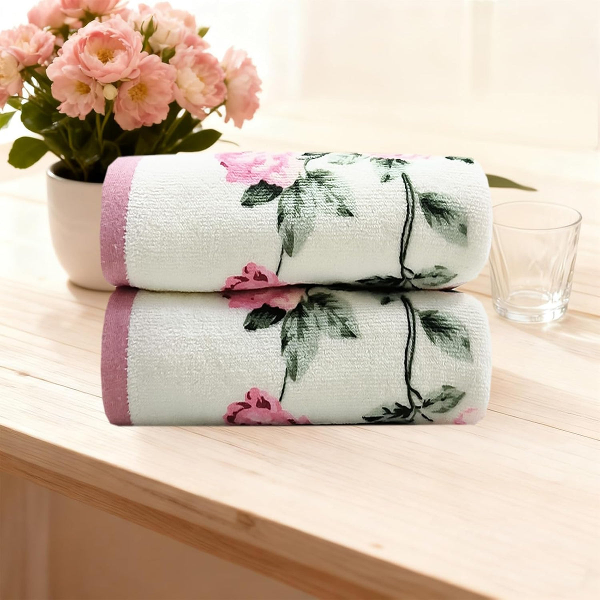 2-Piece Pink Peony Floral Pattern Hand Towels Pastoral Style Farmhouse Decorative Flower Bathroom Towels Soft Absorbent Beautiful Washcloth for Shower Kitchen Spa Beach, 13x28 Inch