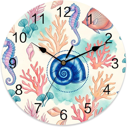 Marine Life Round Wall Clocks 12 Inch Watercolor Blue Shell Pink Fish Coral Seahorses Summer Silent Non-Ticking Battery Operated PVC Clock for Wall Home Decor Kitchen Living Room Bedroom Office