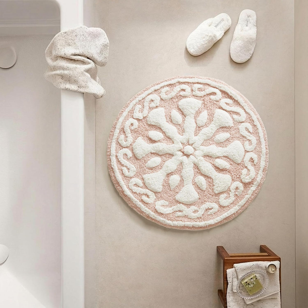 Casablanca Tufted Cotton Bath Rug Non-Slip, Round 25", Pink