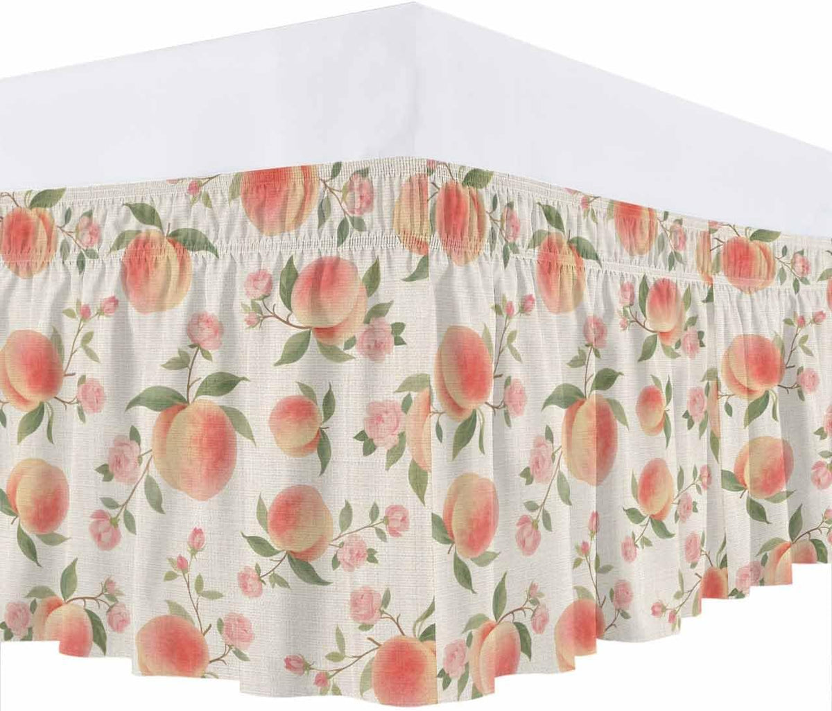 Wrap Around Bed Skirt Queen Size 16 inch Drop, Vintage Pink Peaches Flowers Elastic Adjustable Bed Skirts Ruffled Bedskirt, Summer Fruit on Linen Bed Frame Cover Hotel Luxury Bedskirts